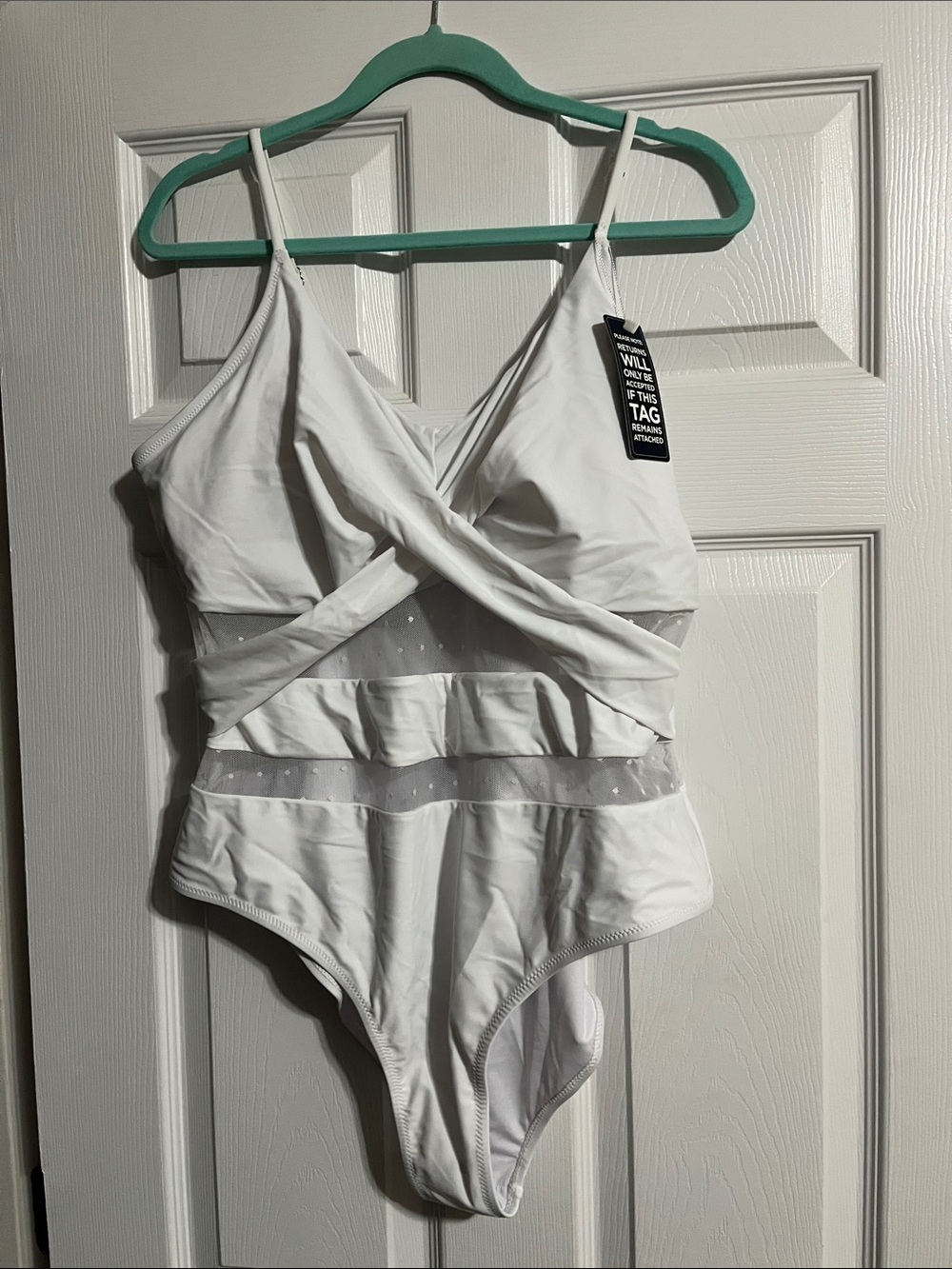 White One-Piece Swimsuit with Sheer Stripe/Dot Accents